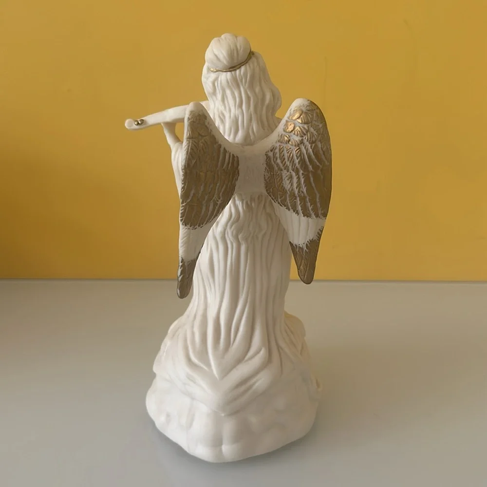 Set of 2 White Ceramic Angel Figurines w/ Harp and Violin Table Décor Sculptures